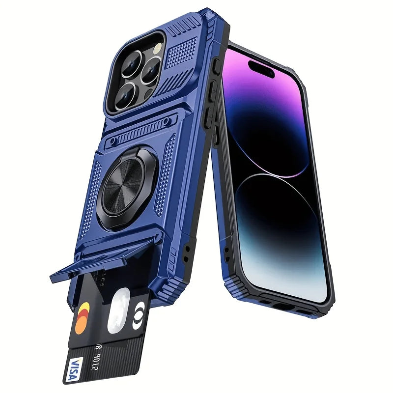 Heavy-Duty Anti-Drop 360° Rotating Metal Stand Phone Case for Iphone 17 16 15 14 13Pro max 11 Hard Shell Double Card Slot Design