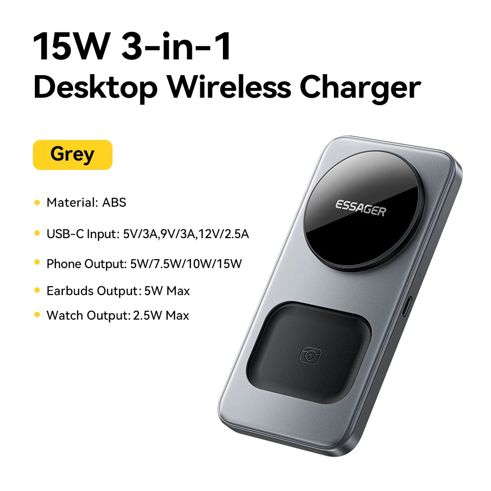 ESSAGER 15W 3-in-1 Magnetic Wireless Charging Station Foldable Phone Stand Charger for iPhone AirPods Watch Fast Charging Holder