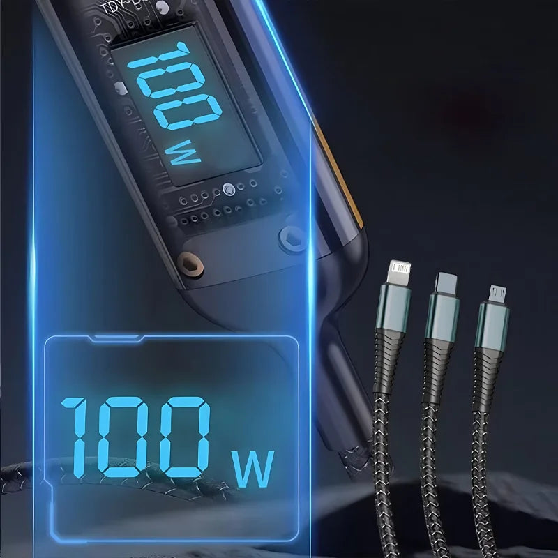 3 In 1 100W Transparent Pilot Lamp Super Fast Charging Cable Universal with TypeC Usb Micro for Iphone Huawei 1.2/2M Data Cable