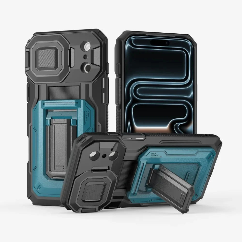 Heavy Duty Armor Case For IPhone17 16 15 14 13 Pro Max  Air Sliding Camera Cover Card Slot Wallet Kickstand Shockproof Bumper