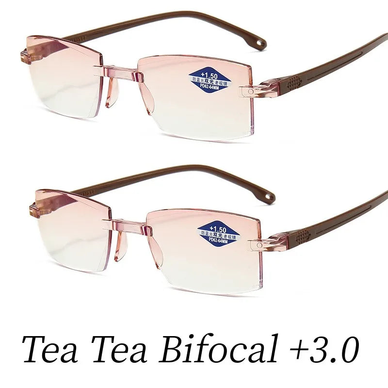 2PCS Rimless Bifocal Progressive Reading Glasses Men Women Near and Far Anti-blue Light Eyesglasses Rectangular Glasses Eyewear
