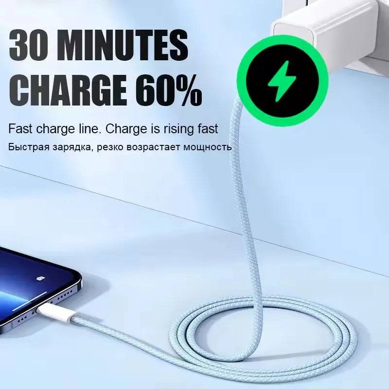 20W USB Fast Charging Braided Cable For iPhone 11 12 Mini 13 14 Pro Max X XR XS 6 6S 7 8 Plus SE Quick Charge Phone Cables 1m 2m
