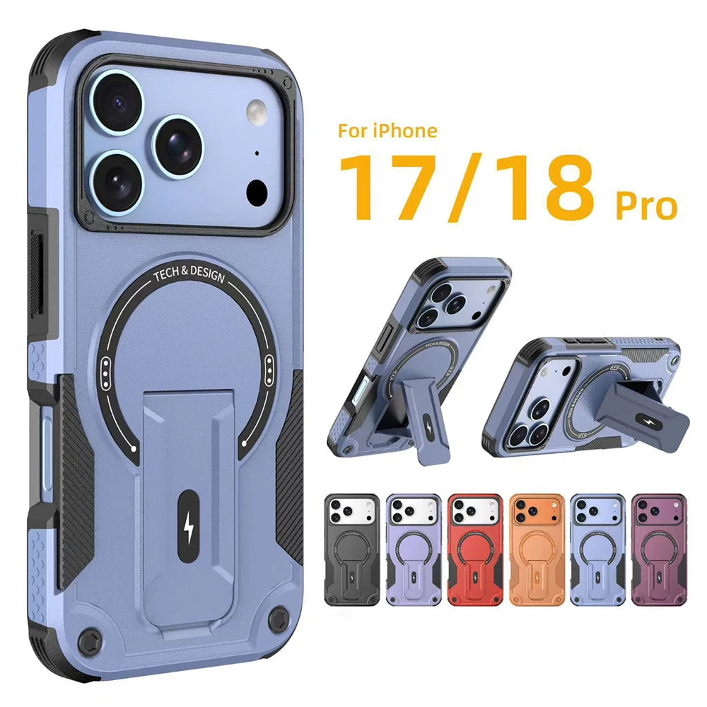 Phone Case - Heavy Duty Shock Resistant Armor Magnetic Phone Case for iPhone 18 Pro 17 Pro Max Invisible Stand Bumper Rear Cover
