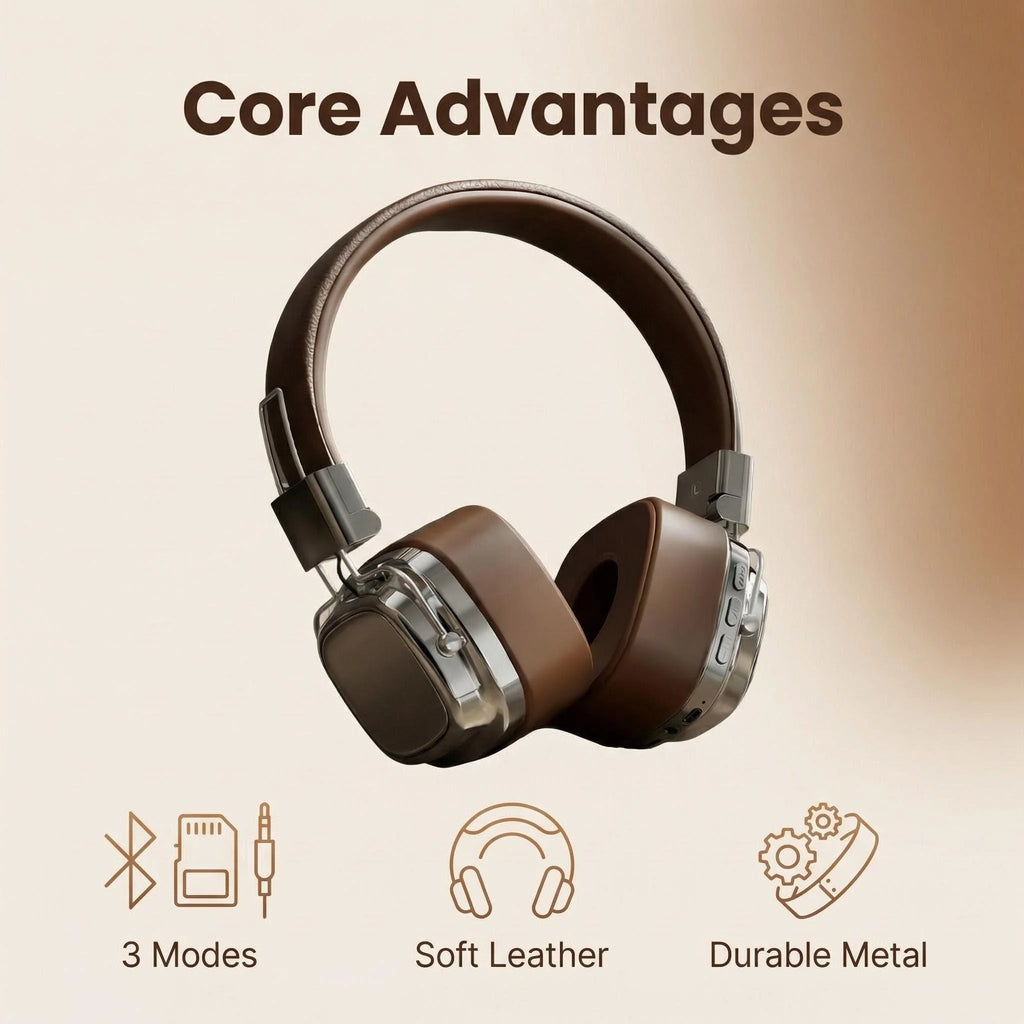 Retro Leather Over-ear Headphones Wireless Bluetooth 5.3 Foldable Noise Cancelling Stereo Music Headset With Cable For Phone PC