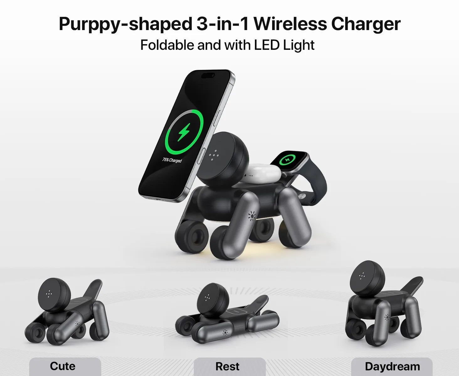 3-in-1 Magnetic Wireless Charger Portable MagSafe Robot Dog Holder Multi-Function Fast Charging Station for Phone Watch Earbuds