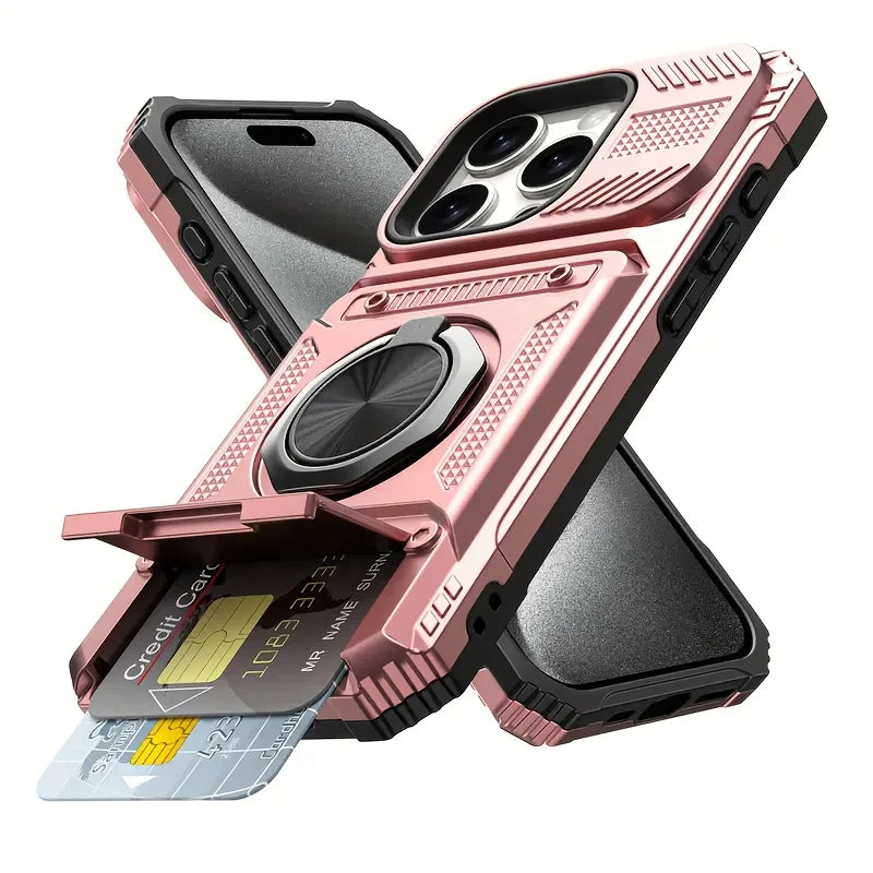 Heavy-duty shockproof phone case with metal stand card slot, suitable for models 17, 16, 15, 14 Pro Max, 16E, iPhone 11, 7/8 Plu
