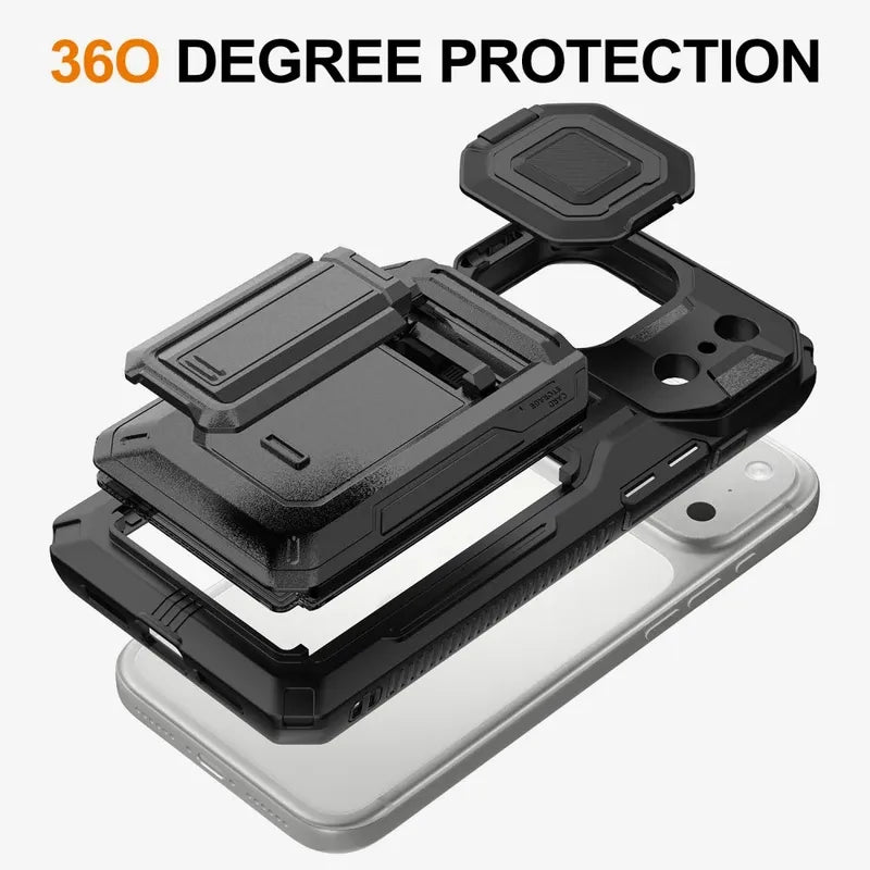 Heavy Duty Armor Case For IPhone17 16 15 14 13 Pro Max  Air Sliding Camera Cover Card Slot Wallet Kickstand Shockproof Bumper
