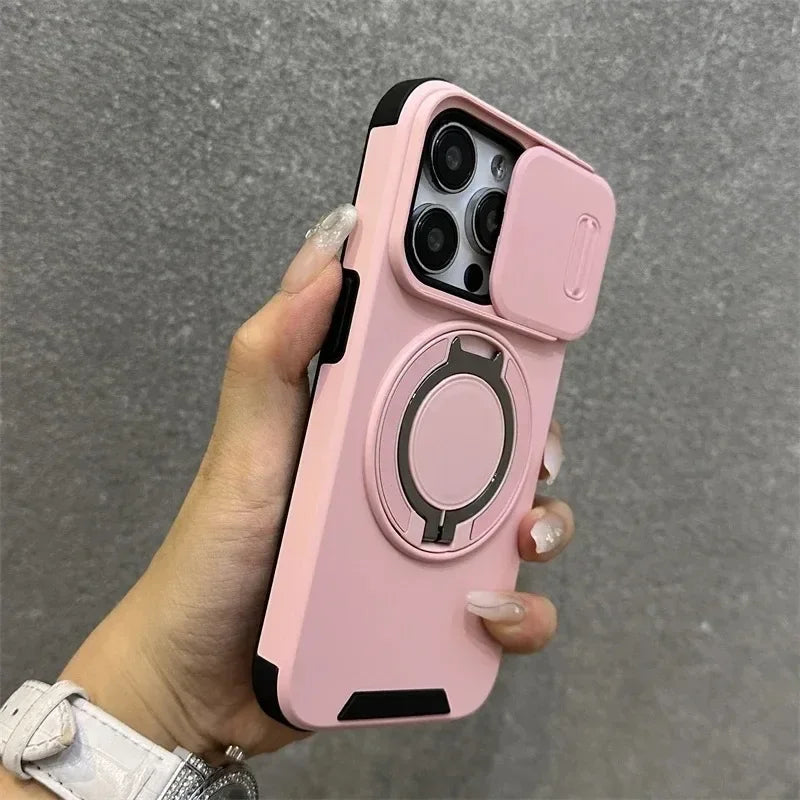 Heavy-Duty Rugged Armor Magnetic Bracket Phone Case For iPhone 18 17 16 15 14 13 12 11 Pro Max Slide Camera Protection Cover