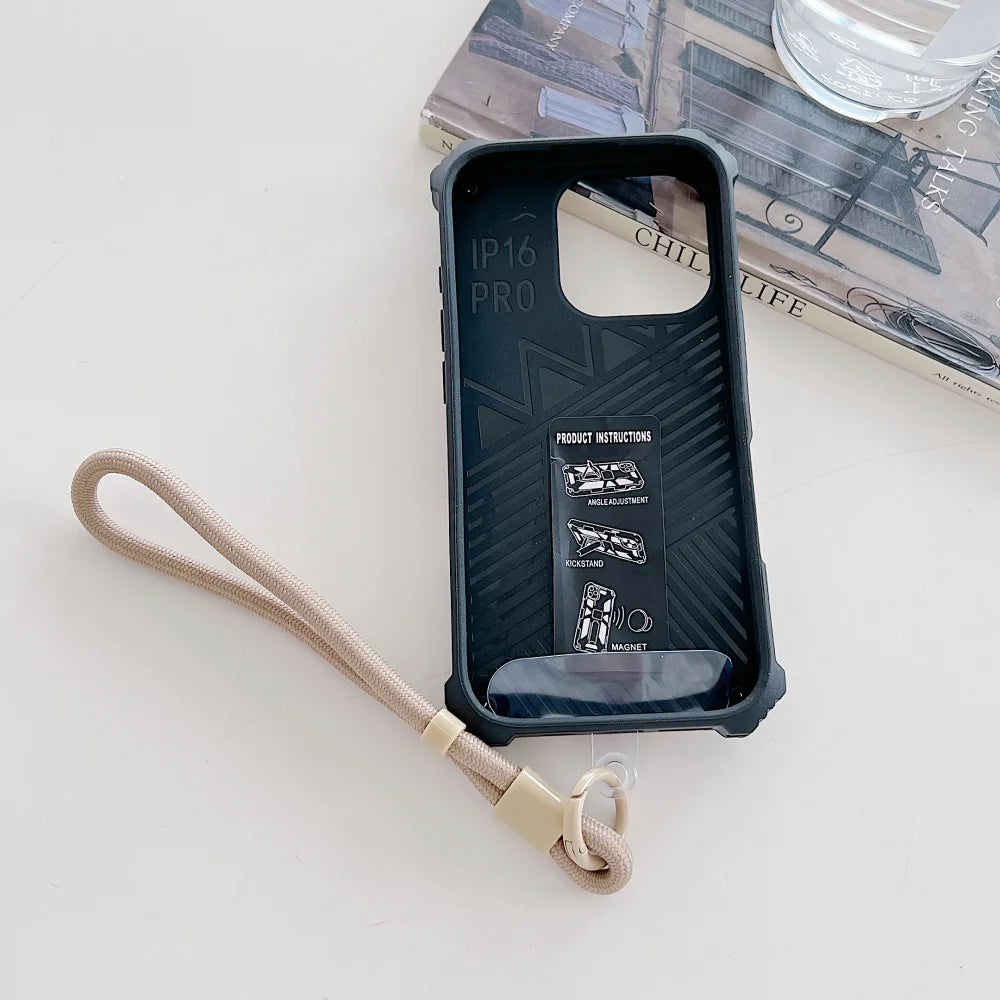 Heavy Duty Armor Case For iPhone 17 16 Pro Max 15 14 Plus 13 12 11 Fold Stand Holder Magnetic Shockproof Cover With Wrist Strap
