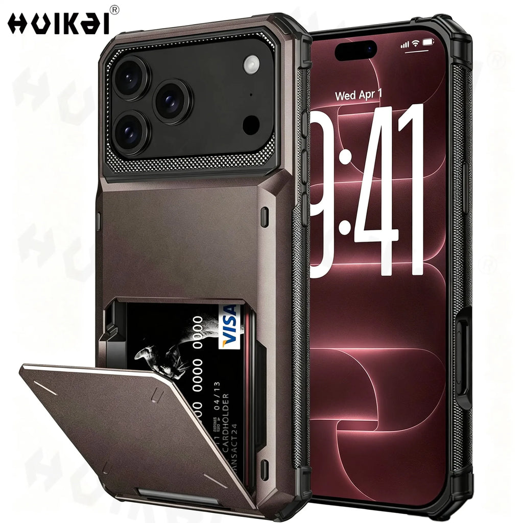 Card Holder Case For iPhone 18 Pro Max 17e 17 Pro Max 16 15 14 13 Heavy Duty Wallet Hidden Flip Slot Protective Hard Back Cover