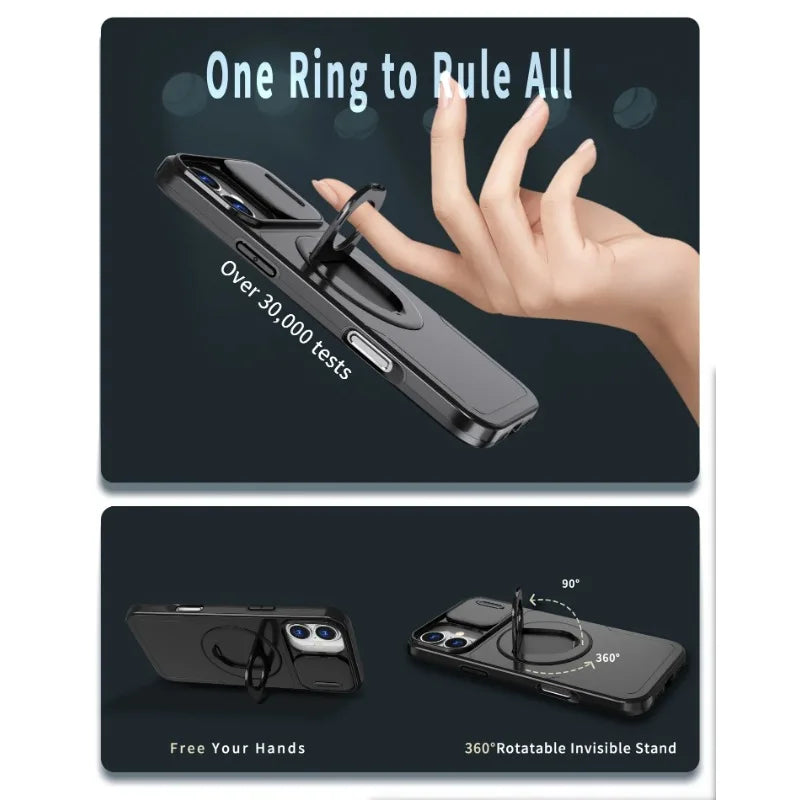 Shockproof Heavy Duty Armor 2N1 Phone Case for IPhone 16 Pro Max 15 14 13 Magnetic 360° Ring Holder Stand Bumper Otter Cover Box