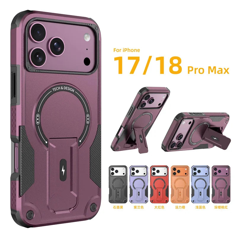 Phone Case - Heavy Duty Shock Resistant Armor Magnetic Phone Case for iPhone 18 Pro 17 Pro Max Invisible Stand Bumper Rear Cover