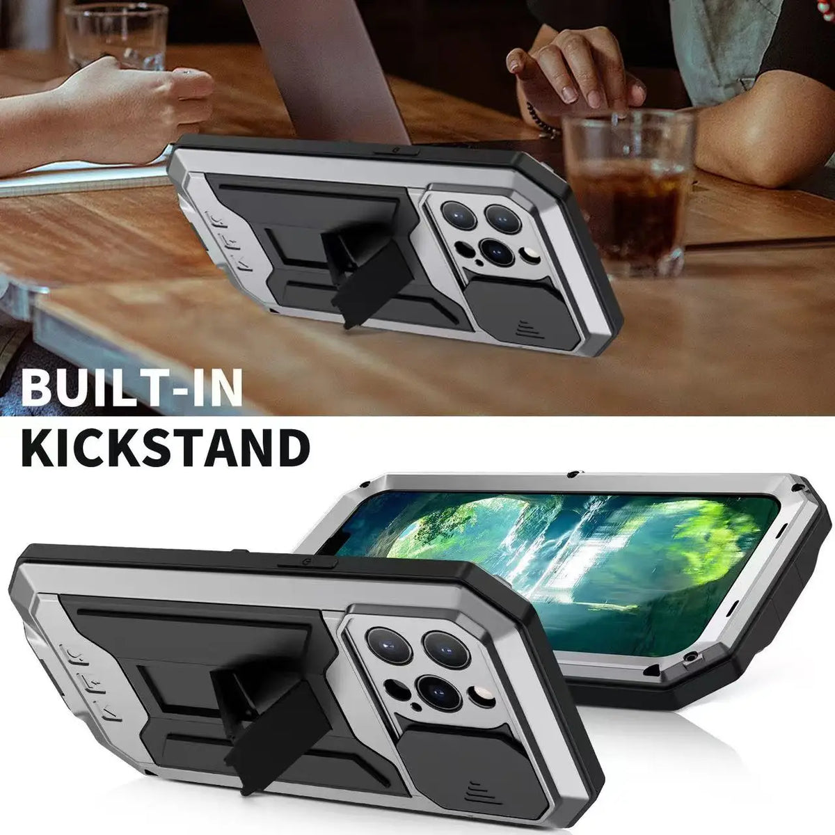 Military Heavy Duty Metal Case for iPhone 14 15 16 17 Pro Max Plus Slide Camera Built-in Screen Protector Full Body Hybrid Cover