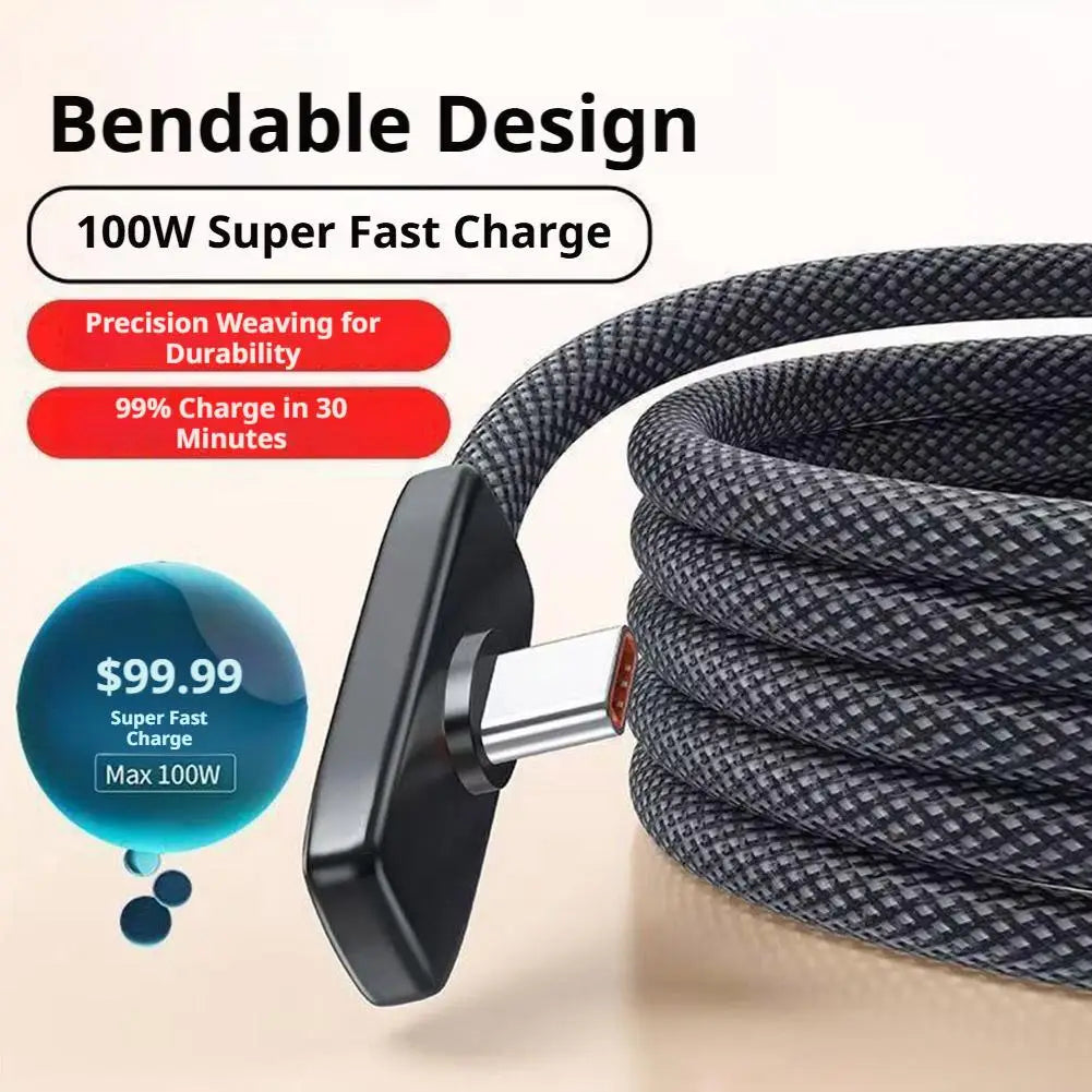 Type C Charging Cable 90 Degree Right Angle Braided Wire 100W Super Fast Charging Wear Resistant Data Cable For Mobile Gaming