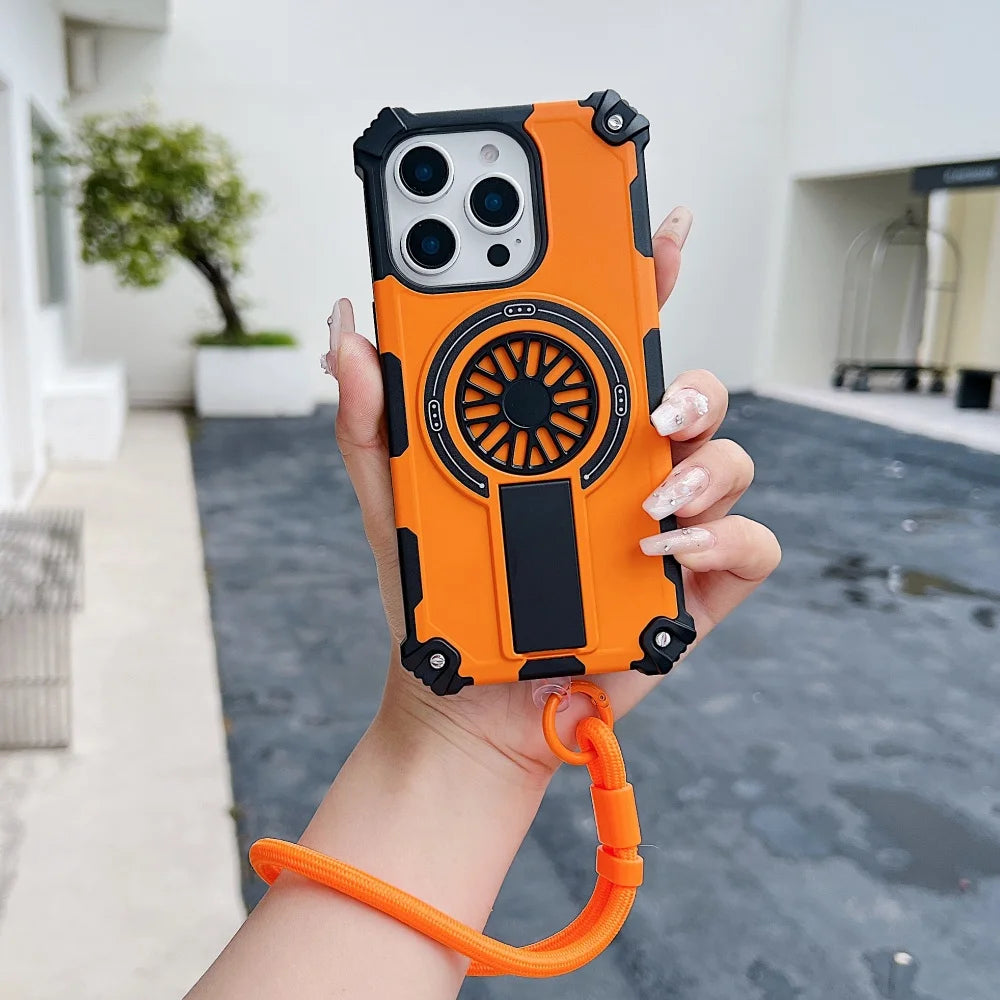 Heavy Duty Armor Case For iPhone 17 16 Pro Max 15 14 Plus 13 12 11 Fold Stand Holder Magnetic Shockproof Cover With Wrist Strap