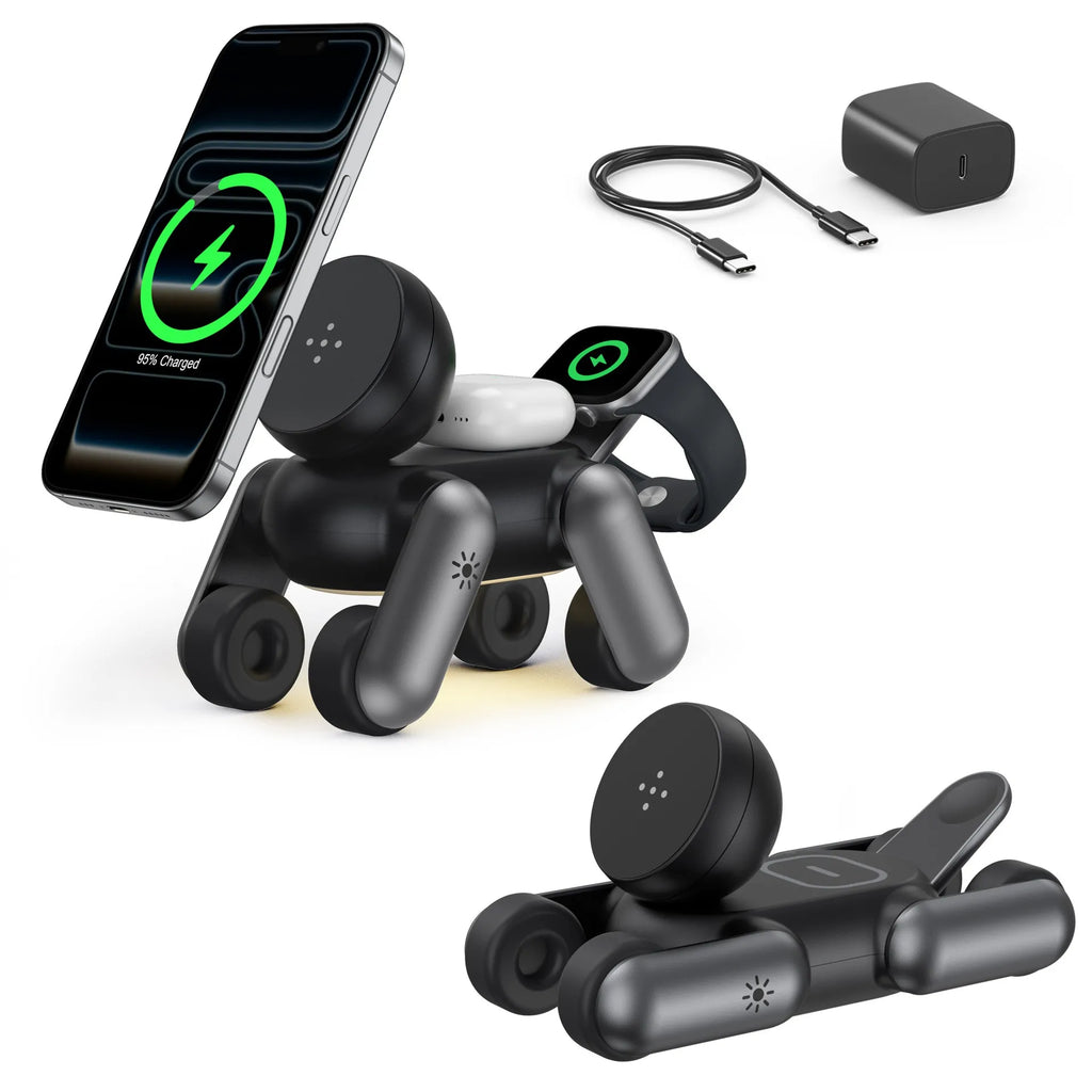 3-in-1 Magnetic Wireless Charger Portable MagSafe Robot Dog Holder Multi-Function Fast Charging Station for Phone Watch Earbuds