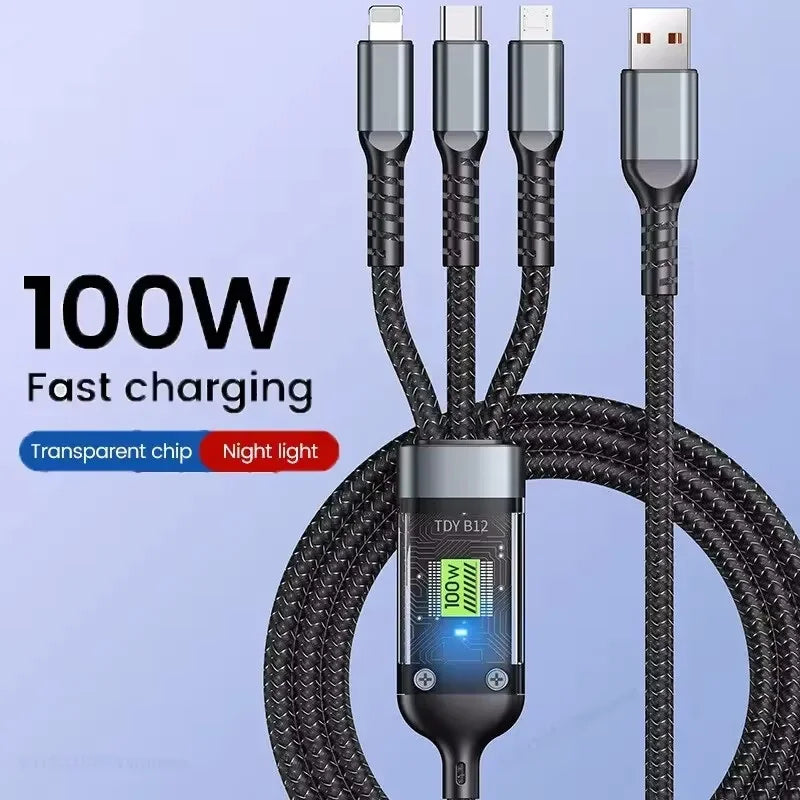 3 In 1 100W Transparent Pilot Lamp Super Fast Charging Cable Universal with TypeC Usb Micro for Iphone Huawei 1.2/2M Data Cable