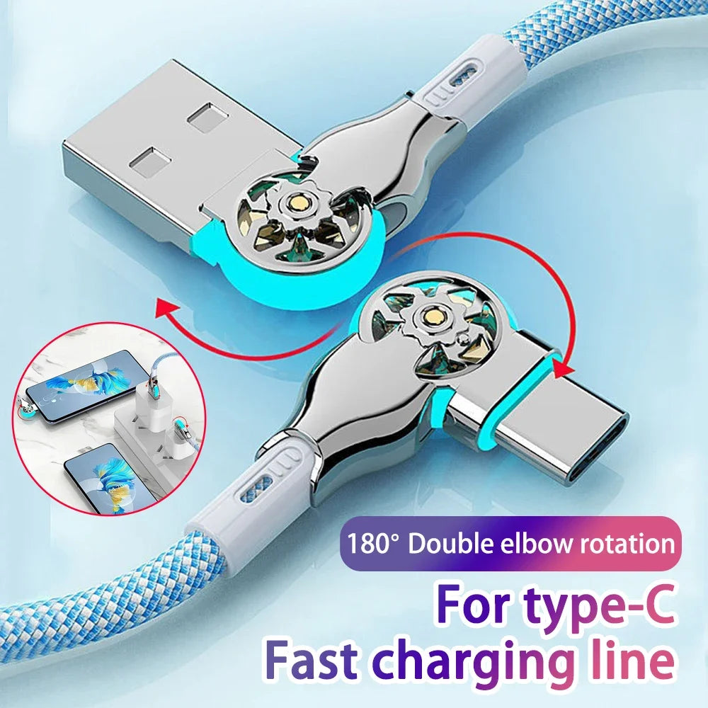QC3.0 Fast Charging Cable 180 Degree Elbow Rotation PD Fast Charge Cable USB To Type C  Zinc Alloy Braided Data Cable For iPhone