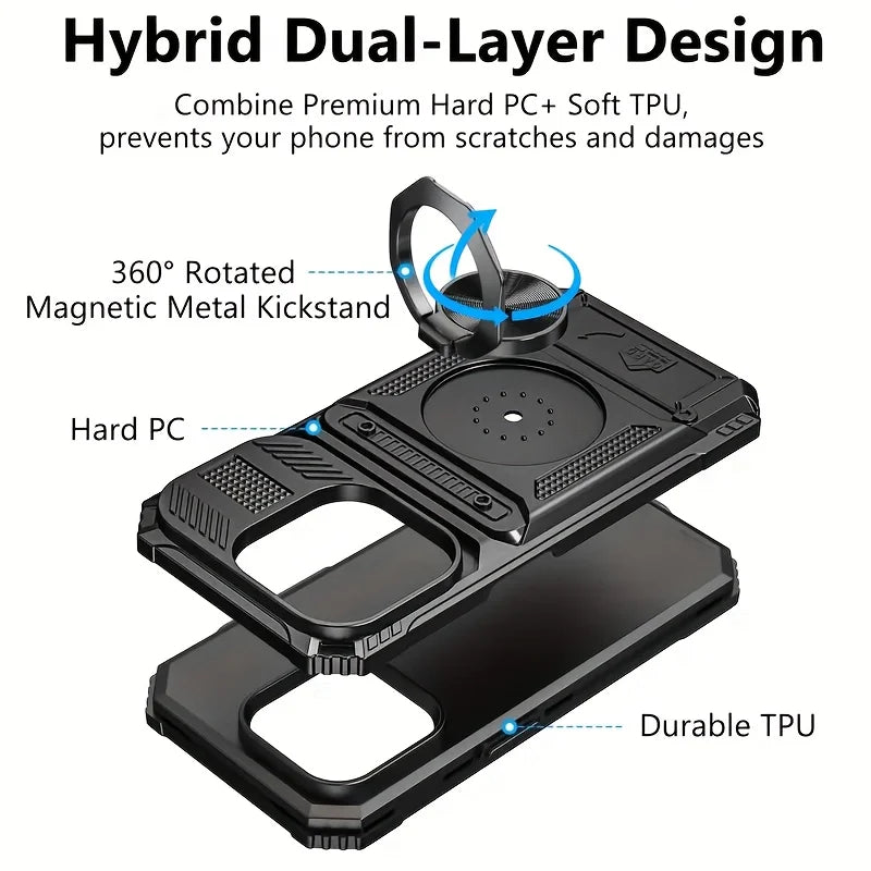 Heavy-Duty Anti-Drop 360° Rotating Metal Stand Phone Case for Iphone 17 16 15 14 13Pro max 11 Hard Shell Double Card Slot Design