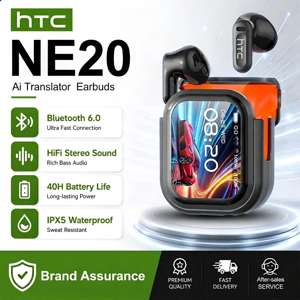 HTC NE20 Original Wireless Bluetooth Earphone In Ear AI Translate Earbud LED  Touchscreen HIFI Sound Noise Reduction Headset